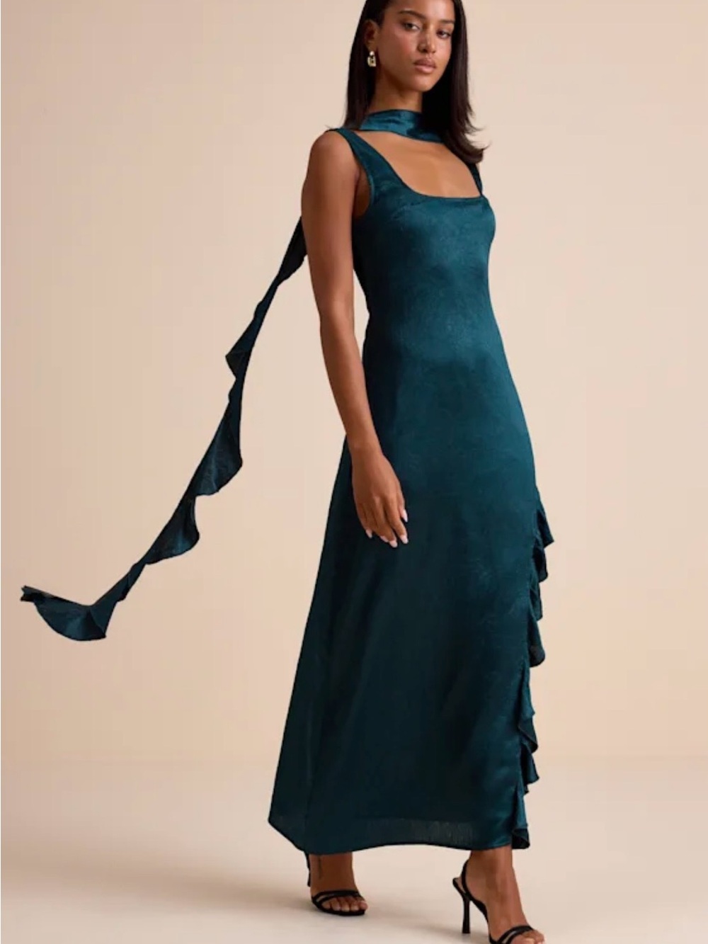 Lulu's Teal Ruffle-Trim Maxi Dress with Long Scarf Tie - Picture 5 of 8